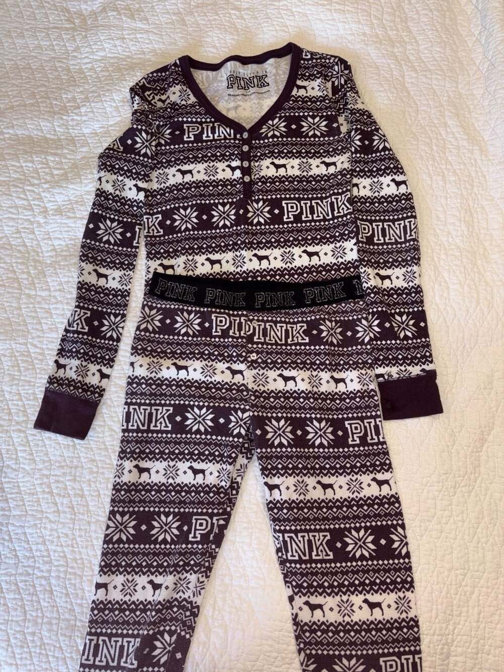 PINK Victoria’s Secret Thermal Pajama Set Top S Pants M Fair Isle Dog Print